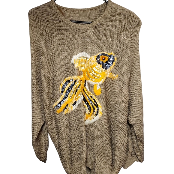 Vintage Women's  Sweater Brown Bronze Sequin Fish Medium Large - Picture 6 of 15
